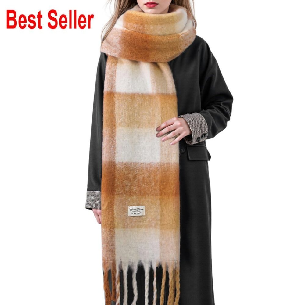 Oversized Chunky Scarf Vintage Plaid Shawl Wrap Cashmere Feel Winter Warm